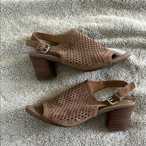 Franco Sarto Tan Perforated Block Heel Sandals